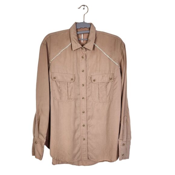 FREE PEOPLE Top Womens XS Blush Pink Metallic Off Campus Button Down‎ Shirt - Picture 2 of 8